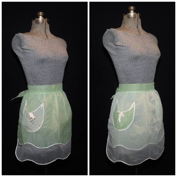 Vintage 50's REVERSIBLE Green Dotted Swiss & Ivory Organza Layered Hostess Apron - Picture 7 of 9